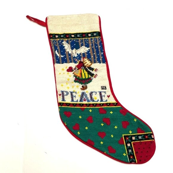 Vtg Mary Engelbreit Christmas Stocking Needlepoint Peace Hearts Little Girl Bird - Picture 1 of 4